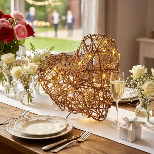 Artificial Wicker Heart Decorations - 7.87 x 7.87 Inches, Set of 2, Rustic Farmhouse Table Centerpieces for Wedding & Home Decor