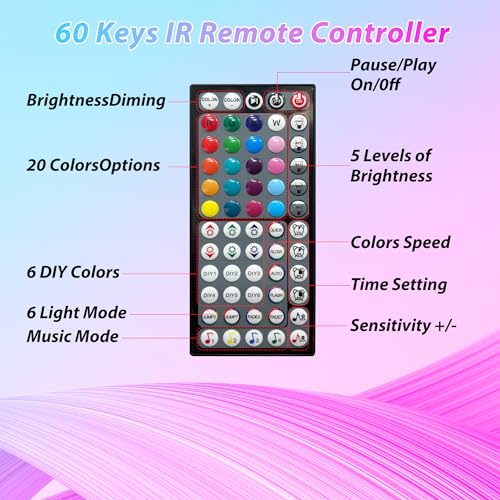 50ft RGB LED Light Strips for Bedroom Music Sync - Easy Install, App & IR Remote
