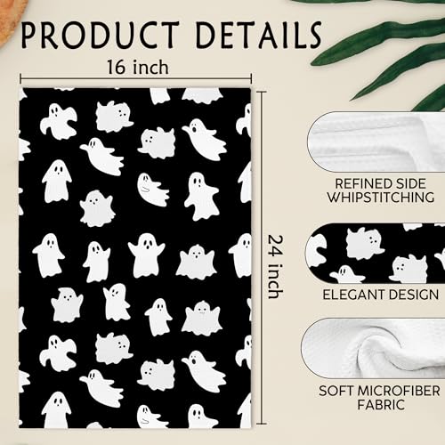 Halloween Ghost Kitchen Hand Towels Set of 2 - Black Spooky Decor, 16x24 Inches