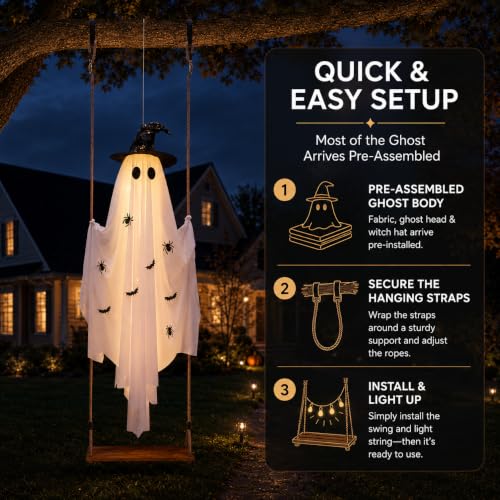 CRILARY White Halloween Swinging Ghost Outdoor Decor 5.9ft with Lights