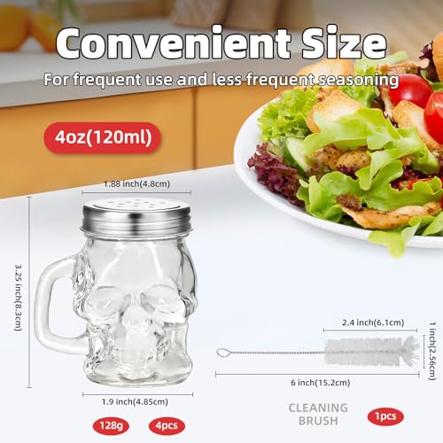 Clear 4-Piece 3D Skull Glass Spice Bottle Set with Stainless Steel Lid