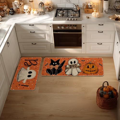 Halloween Kitchen Mats Set of 2 - Ghost Boo Orange Non-Slip 17x29 & 17x47 Inches