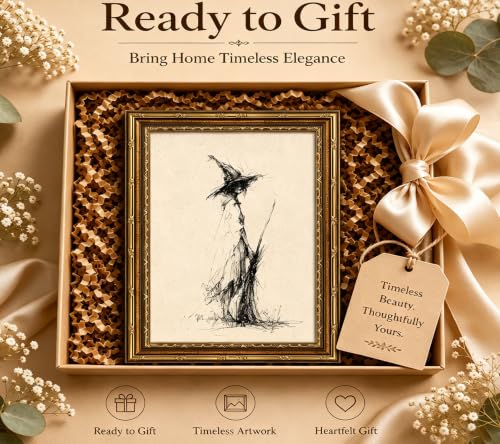 Line Witch Canvas Wall Art - Gold Framed Gothic Halloween Decor - 16x12 inches