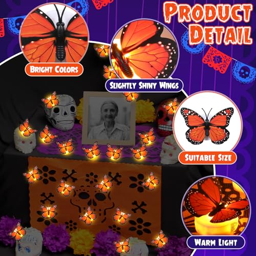 24-Pack LED Monarch Butterfly Night Lights Halloween Day of The Dead Wall Stickers