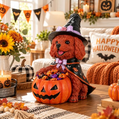 Brown Poodle Dog Statue - Hand-Painted Lifesize Sculpture with Festive Witch Cape