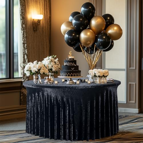 Black Velvet Round Tablecloth 60 Inch - 2 Pack Fitted Spandex Cover for Wedding & Party