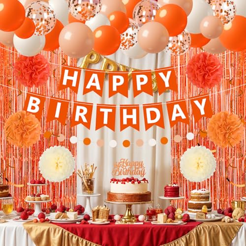 Orange Birthday Decorations Set with Banner Balloons & Curtain - Fall Halloween Party Supplies