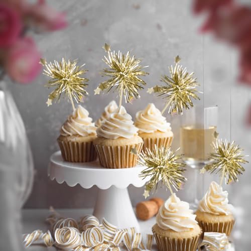 Foil Firework Cupcake Toppers - Light Gold Star Party Decoration 30Pcs