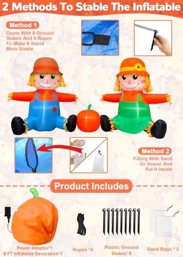 6FT Fall Thanksgiving Inflatable Scarecrow Couple with LEDs - Outdoor Decorations