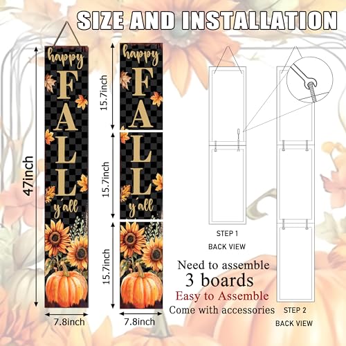 Happy Fall Y'all Porch Sign Black Checkered Sunflower Pumpkin - Indoor Outdoor Farmhouse Decor