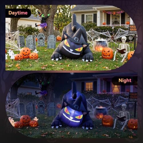 6FT Halloween Rotating Black Cat Inflatable Decoration with Witch's Hat - Outdoor Spooky Yard Decor