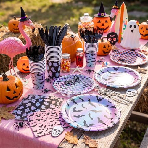 Halloween Paper Plate and Napkin Set with Ghost & Bat Laser Design - 24 Pack