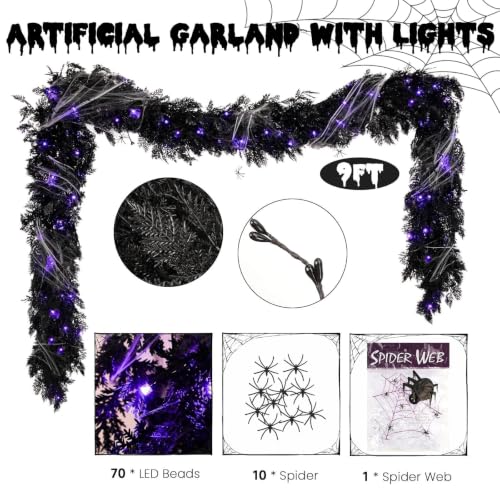 Halloween Garland Decorations - 9FT Pre-lit Black Cedar with Berry & Spider Web - Indoor Outdoor Decor - Variation: Halloween