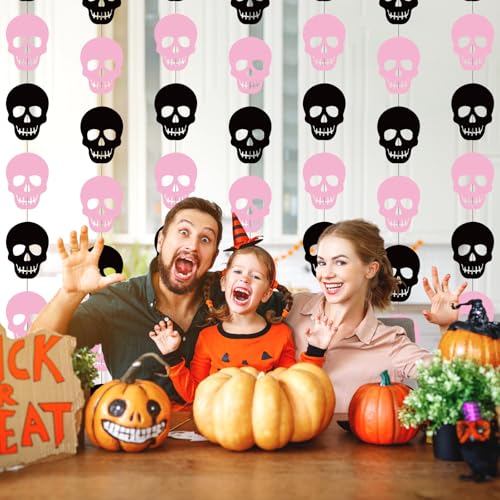 Halloween Skull Decor Garland Set - Pink & Black, 8 Pieces, 43 Inch