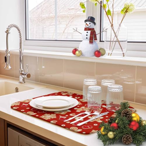 Christmas Gingerbread Man Dish Drying Mat - Absorbent Microfiber, 24 x 18 Inches, Red Snowflake Design - Holiday Kitchen Decor