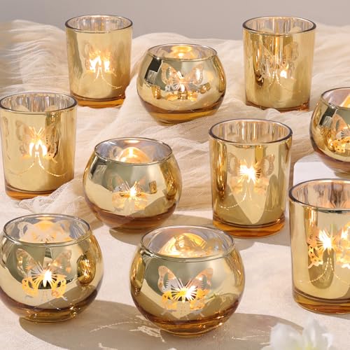 Gold Combination Tea Light Candle Holders with Butterfly Pattern Set of 12 - Wedding & Party Decor