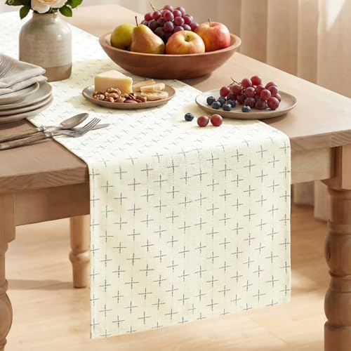 White Cross-Star Textured Table Runner 13x72 Inch - Seasonal Waterproof Rustic Home Decor