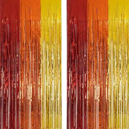 Fall Decor Foil Fringe Curtain Set - Red Orange Gold, 2 Pack