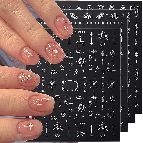 Silver Metallic Nail Stickers - 8 Sheets for DIY Art & Design, Moon Sun Stars Butterfly