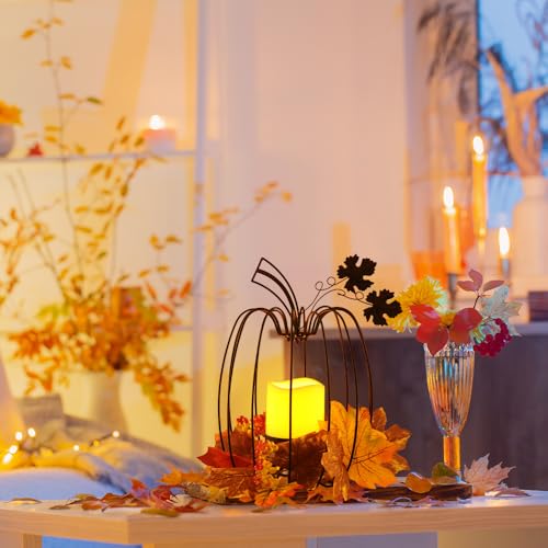 Black Pumpkin Lantern Candle Holder for Fall Decor, Indoor & Outdoor Wrought Iron
