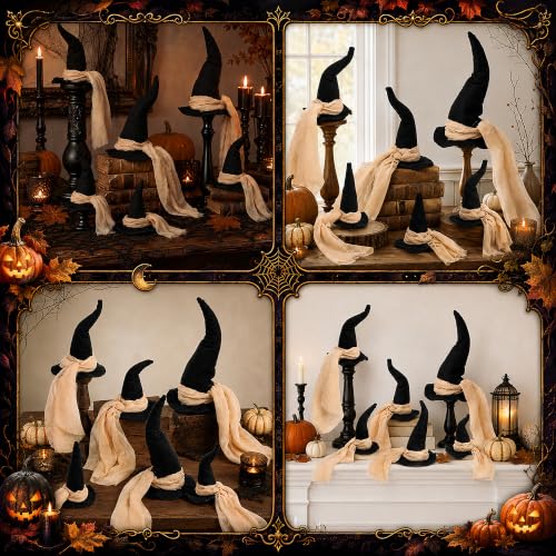 Halloween Witch Hat Centerpieces Set - 6 Pcs, 3 Sizes with Gauze Ribbon - A Style