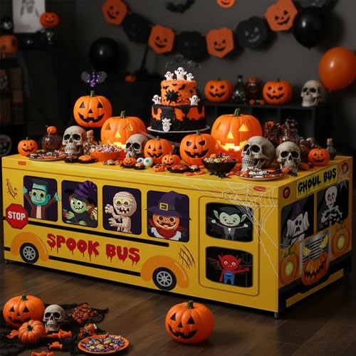 Halloween Ghost School Bus Tablecloth - 5.5 Ft Rectangular Polyester Decoration