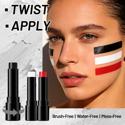 3-Pack Oil-Based Face & Body Paint Sticks - Black White Red, Vegan, Waterproof, Creative Makeup