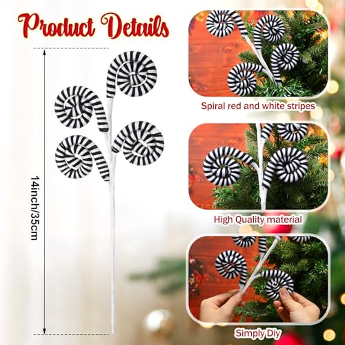 Christmas Tree Decorations Woolen Candy Picks with Bells - Black and White Stripes, 6 Pack
