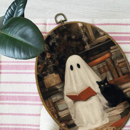 Ghost and Black Cat Reading Book Wall Art Decor - Framed 8.6x11.4 Inches, Colour 31