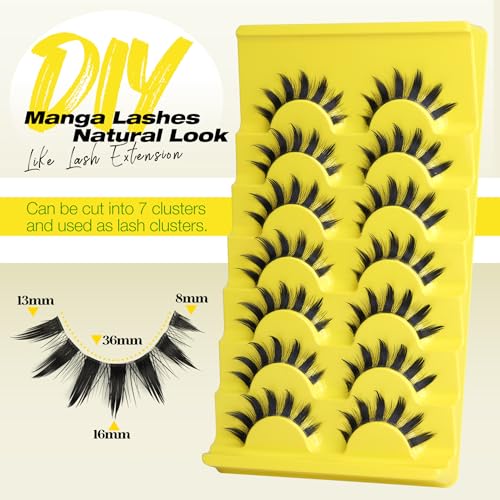 Manga False Eyelashes - Natural Spiky 3D Cat Eye Lashes for Cosplay & Anime Style - 7 Pairs - Clear Band