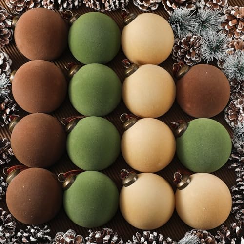 Velvet Christmas Ball Ornaments Set - 30pcs 3.15 Inch Flocked Holiday Decor - Green, Brown, Beige
