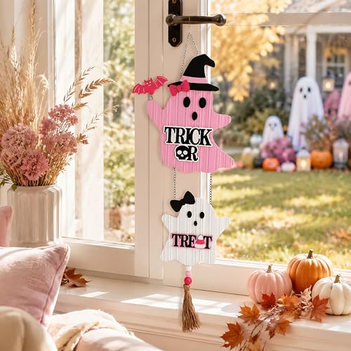 Pink Halloween Wreath for Door & Wall - Cute Ghost & Witch Hat Decor - Medium