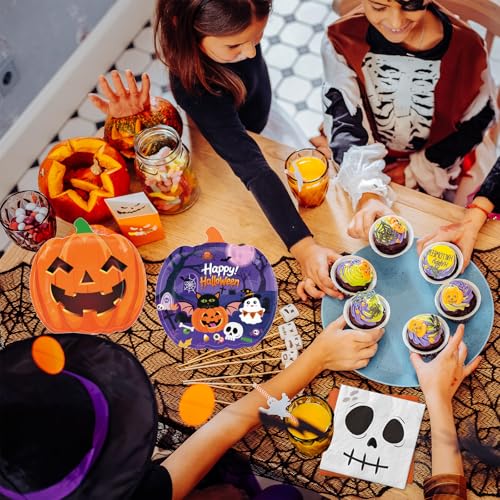 Halloween Party Supplies Set - Pumpkin Paper Plates Cups Napkins Banner Tablecloth - 74 Pieces for Festive Celebration