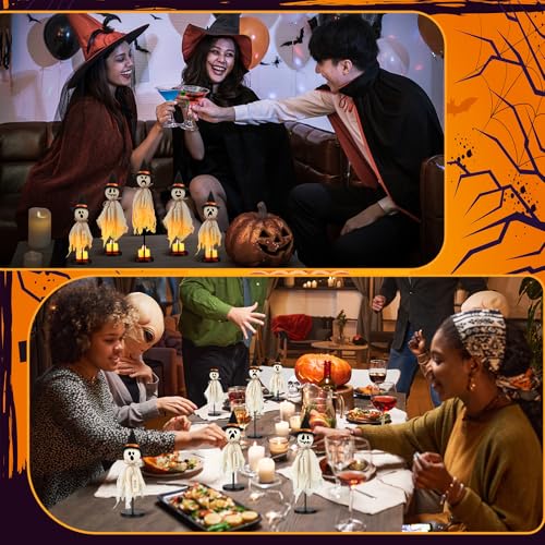 Halloween Ghost Decorations Set with LED Candles - Rustic Wooden Props, Indoor Use
