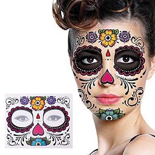 Day of the Dead Sugar Skull Face Temporary Tattoos - Halloween Makeup Stickers, 4 Sheets