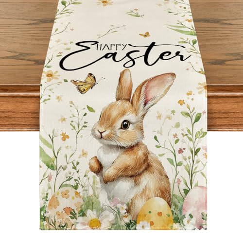 Easter Table Runner 13x48 Inch Bunny Rabbit Butterfly Eggs Flowers Seasonal Decor Beige