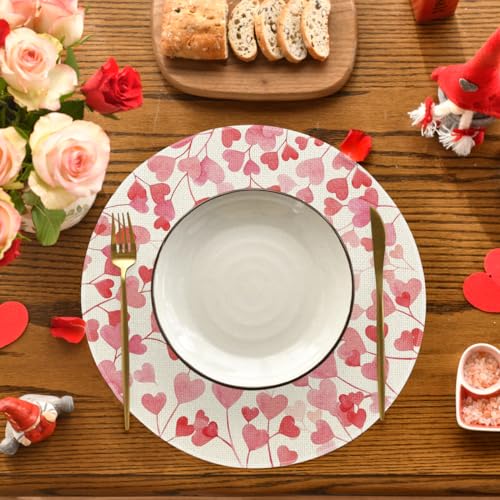 Pink Love Hearts Round Placemats Set of 4 - 14 Inch Valentine Table Decor