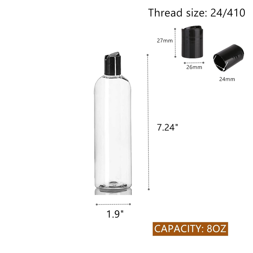 Zentriqlla 24 Pack 8oz Clear Plastic Empty Bottles, Refillable Travel Containers with Disc Top Flip Caps, Squeezable Shampoo Bottles for Toiletries Liquid Soap, Lotions, Cream, Creams, BPA Free
