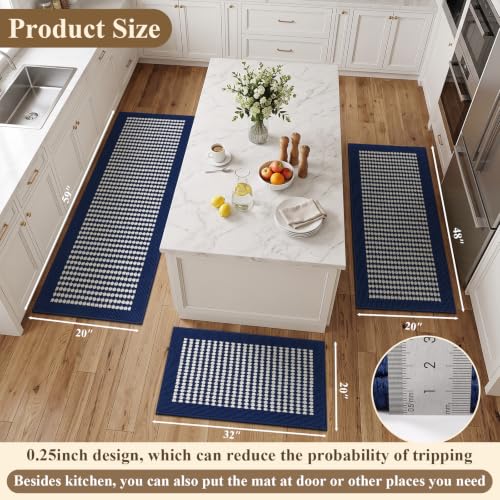 Navy Checkered Kitchen Mat Set - 3 Piece Washable Floor Rugs, Non-Slip, Pet & Kid Friendly