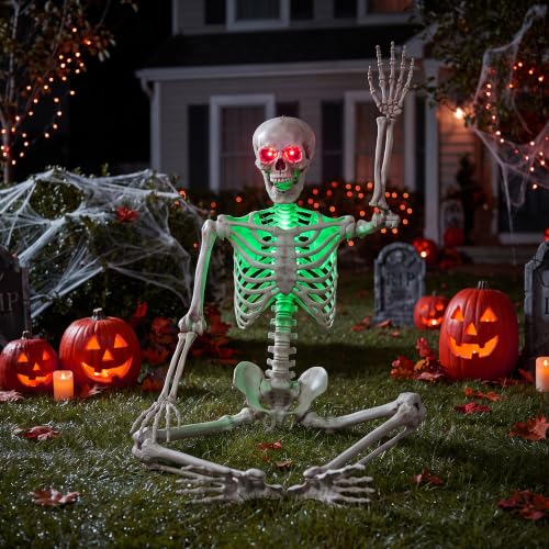 Full Body Skeleton Halloween Decoration - Life Size Posable Skeleton with Light-Up Eyes & Body, 5.2 ft