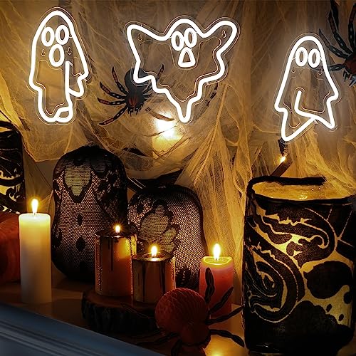 Ghost Neon Sign - White LED USB Wall Decor 9.84 Inch Halloween Ghost Light