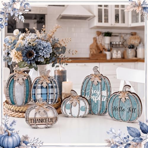 Blue Fall Pumpkin Decor Set - 6 Pcs Thanksgiving Table Centerpiece with Variations