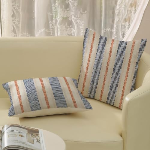20x20 Outdoor Boho Striped Pillow Covers Set of 2 - Navy Blue & Orange