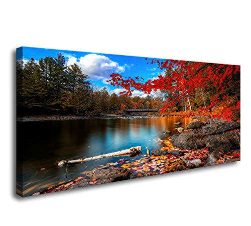 Canvas Wall Art Lake Mountain Red Maple Leaf 56x28 Inch Home Decor