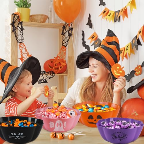 Pink Halloween Candy Bowl Set - Reusable Plastic Pumpkin Trick or Treat Bowls, 11.6x4.3 Inches