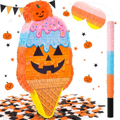 Large Halloween Pumpkin Piñata - Orange Ice Cream Cone Decoration, 21 Inch
