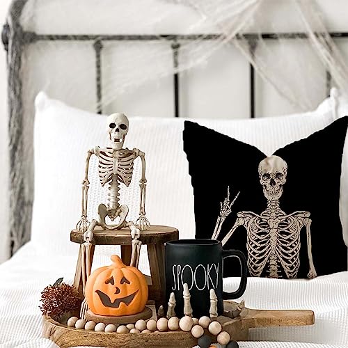 Halloween Throw Pillow Covers Set of 4 - 16x16 Orange Fall Decor with Skeleton Cat Ghost Pumpkin