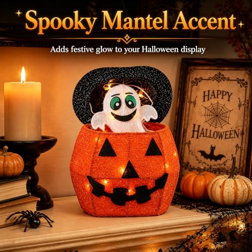 Outdoor Lighted Pop-Up Ghost Gift Box - Halloween Decor with Moving Ghost (Orange)