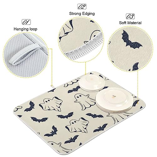 Halloween Spooky Ghost Bats Dish Drying Mat - 18x24 in Multicolor, Microfiber Kitchen Counter Pad