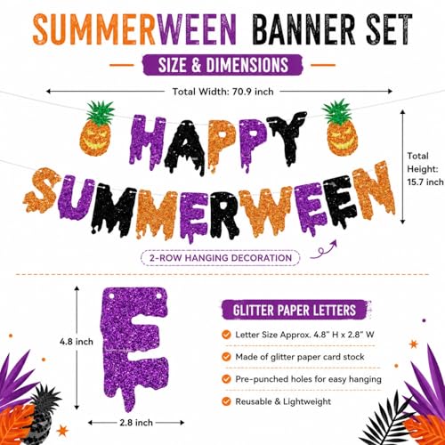 Summerween Glitter Banner Party Decorations - Tropical Theme DIY Hanging Sets